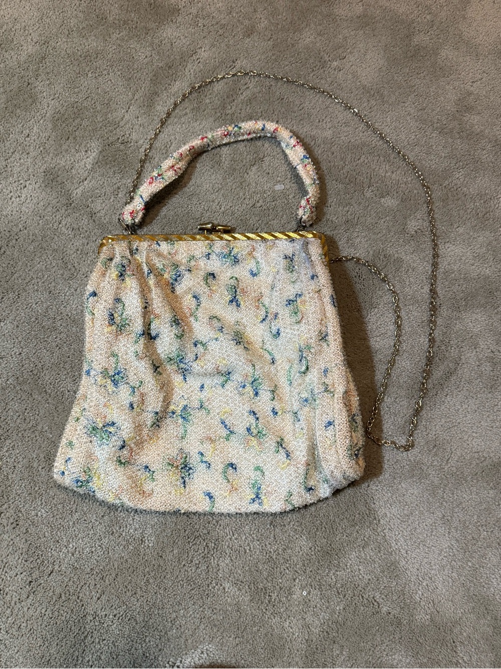 Vintage Cream Beaded Floral Evening Clutch with Gold Frame